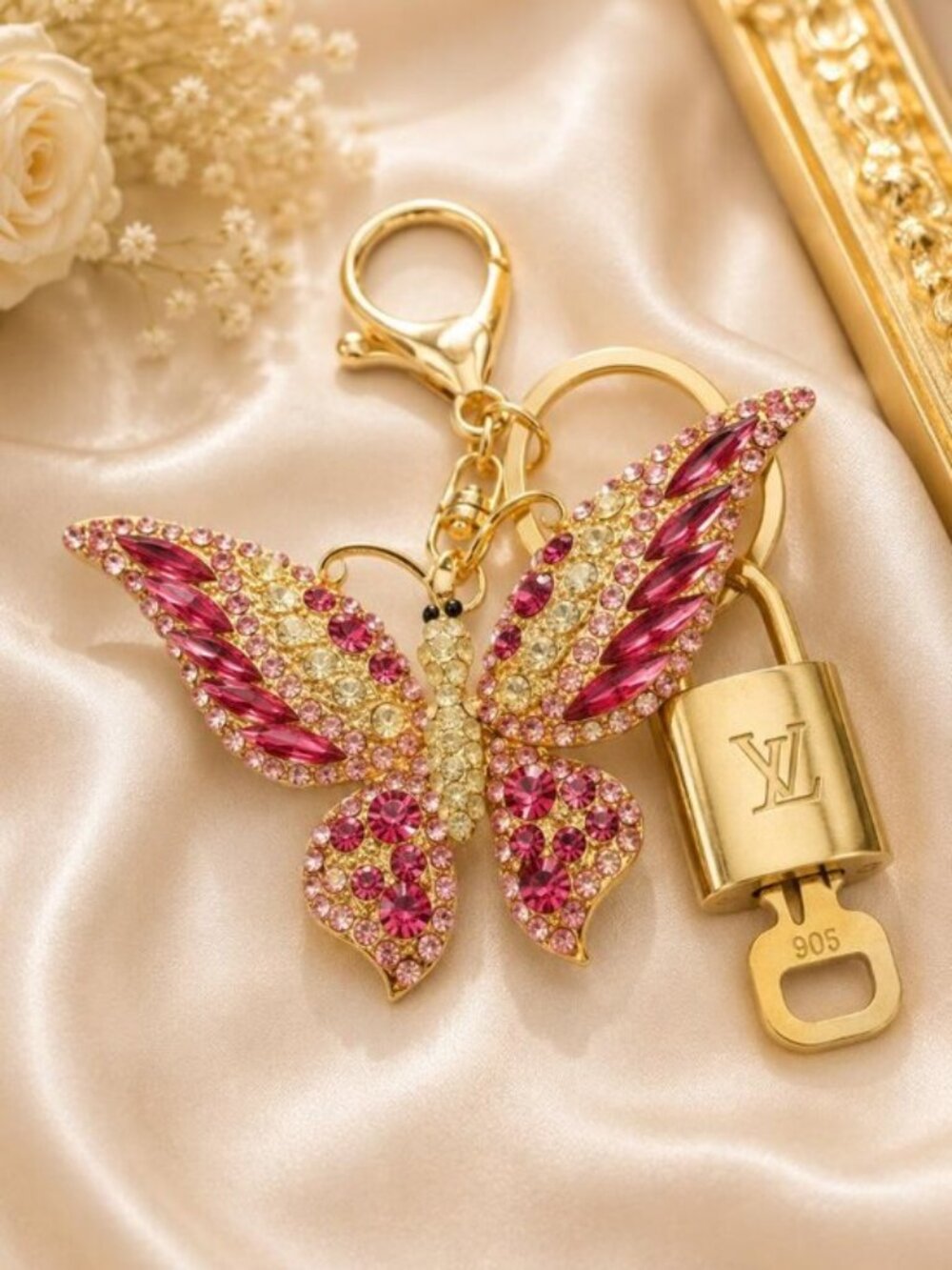 LV Gold Padlock Authentic 🔑 Luxury Bag Charm w/ Unbranded Butterfly Keychain
